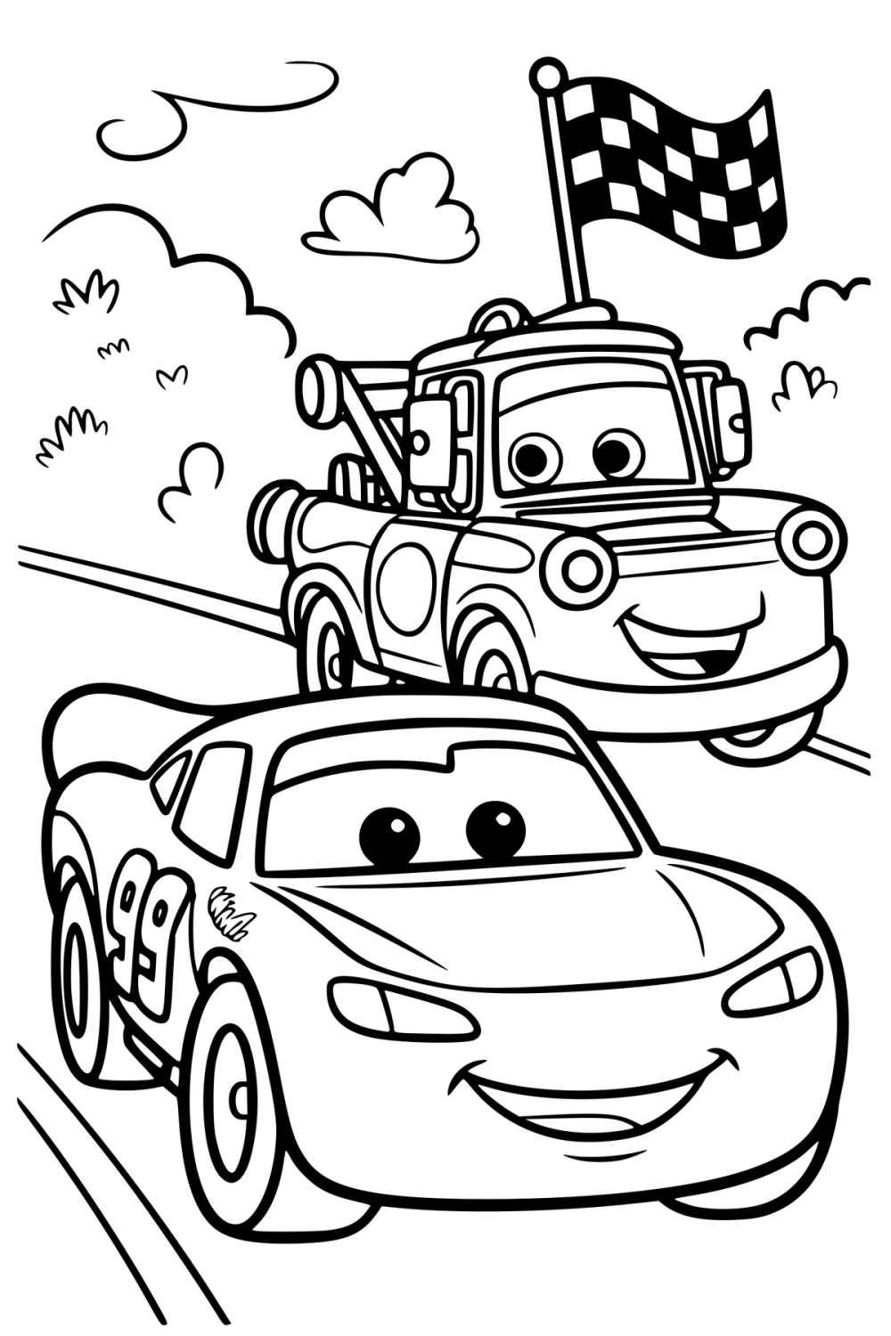 Kleurplaat van racewagen Lightning McQueen en sleepwagen Takel die samen over een weg rijden.