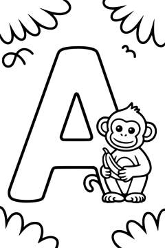 Kleurplaat alfabet: een grote letter A met daarnaast een aapje dat een banaan vasthoudt.