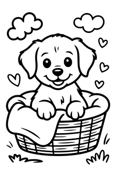 Kleurplaat van een lachende puppy in een rieten mand met een deken en zwevende hartjes.