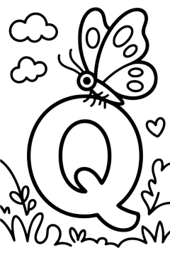Kleurplaat van een grote letter Q uit het alfabet met een vlinder erop.