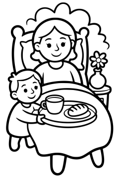 Kleurplaat voor Moederdag waarop een kind ontbijt op bed brengt.