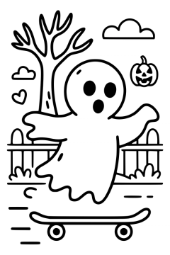 Kleurplaat van een Halloween spook dat op een skateboard over de straat rijdt.