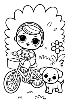 Kleurplaat van een L.O.L Surprise pop op een fiets met een klein hondje.