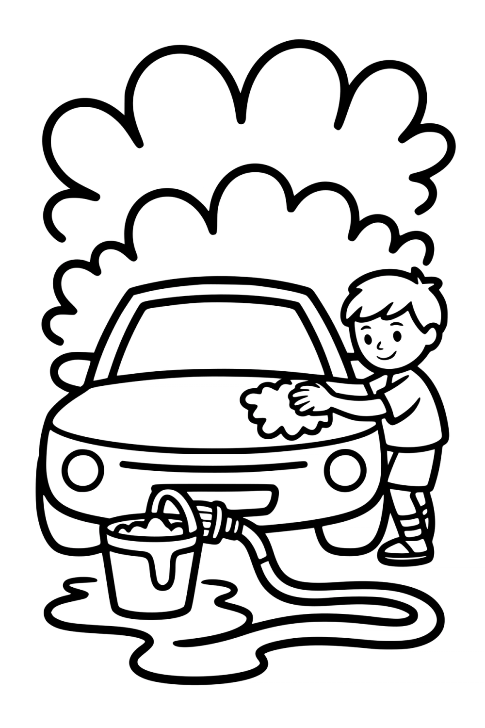 Kleurplaat van een jongen die met een spons de motorkap van een auto wast.