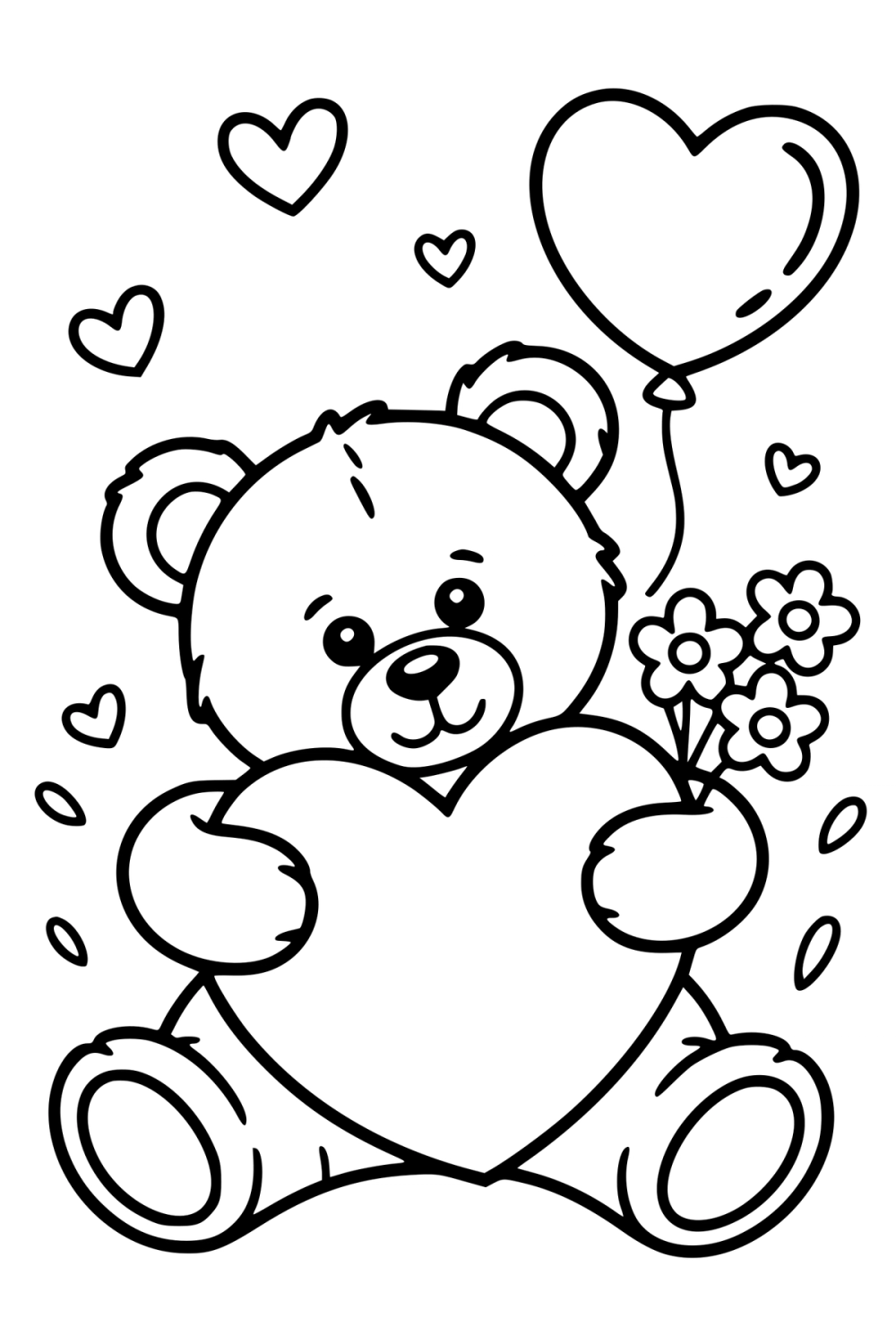 Kleurplaat voor Valentijnsdag van een zittende teddybeer die een groot hart en bloemen vasthoudt.
