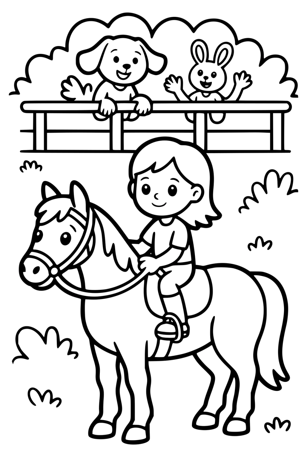 Kleurplaat van een meisje op een paard met een zwaaiende hond en konijn.