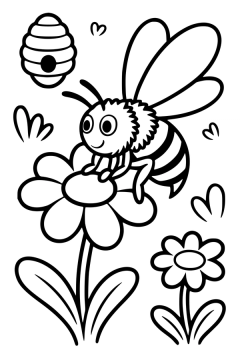 Kleurplaat van een grote bij op een bloem naast een zwevende bijenkorf.