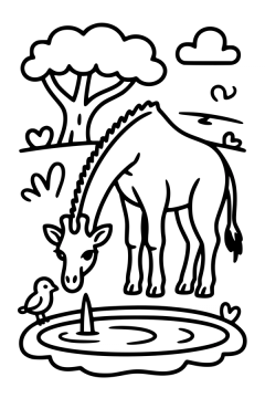 Kleurplaat van een giraffe die met een gebogen nek uit een waterpoel drinkt.