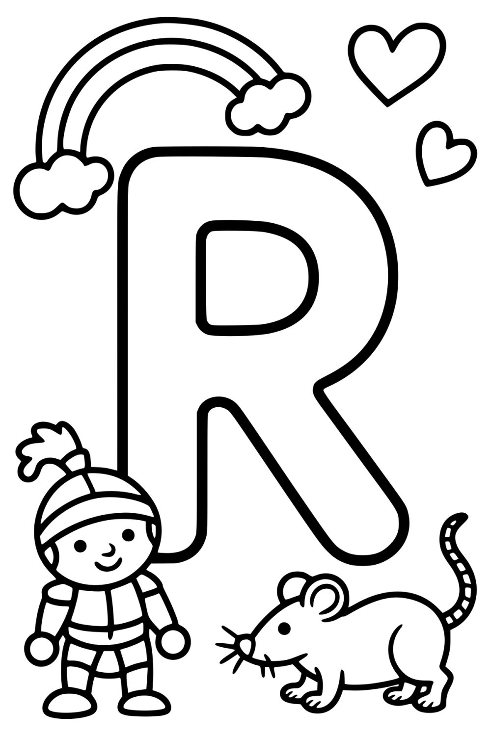 Kleurplaat van een grote letter R met een ridder, rat en regenboog.