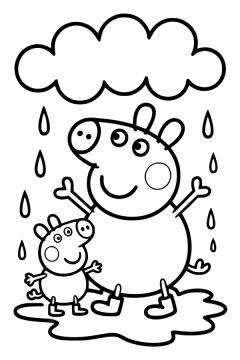 Kleurplaat van Peppa Pig met haar armen omhoog in een modderplas, naast kleine George.