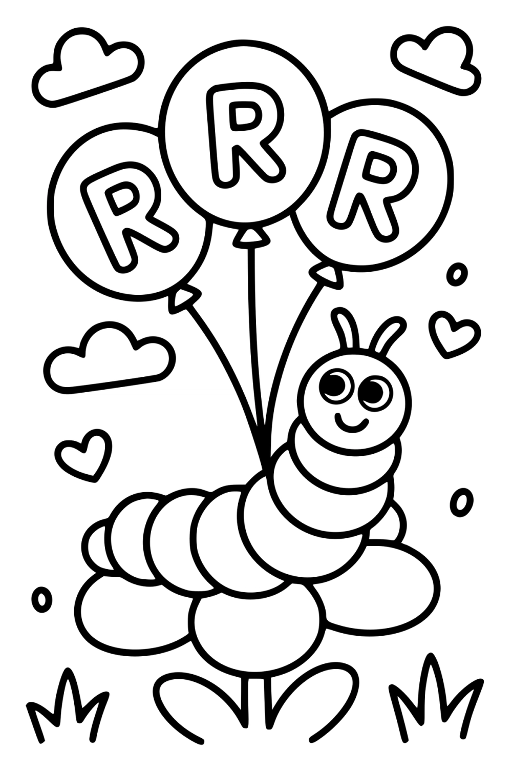 Alfabet kleurplaat van een lachende rups met drie ballonnen met de letter R.
