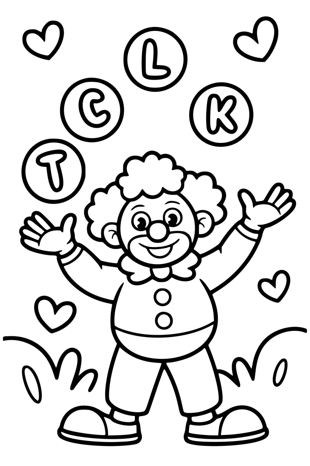 Alfabet kleurplaat van een lachende clown die jongleert met vier grote letterballen.