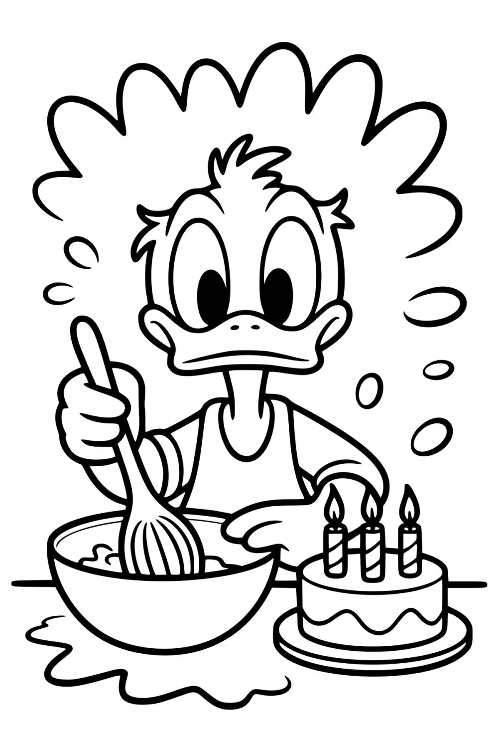 Kleurplaat van Donald Duck die beslag klopt naast een taart met drie kaarsjes.