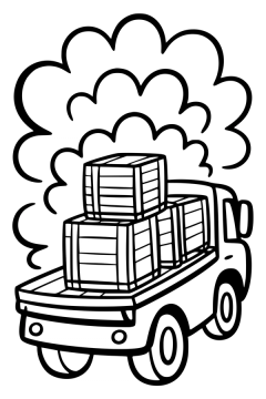 Kleurplaat van een open vrachtwagen met drie houten kratten en grote stofwolken.