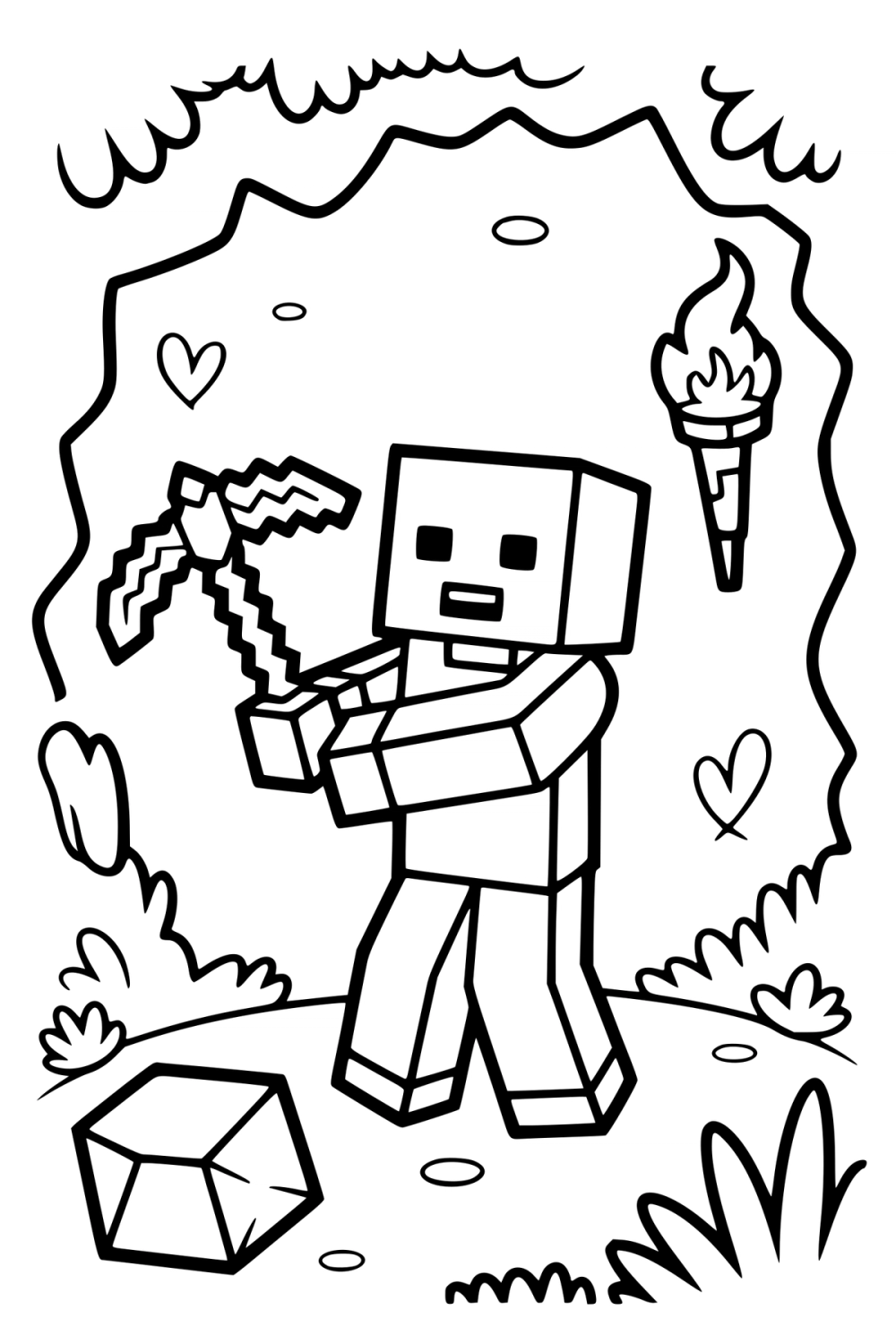 Kleurplaat van een blokvormige Minecraft mijnwerker die met een houweel in een grot staat.