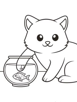 kleurplaat poes vangt vis