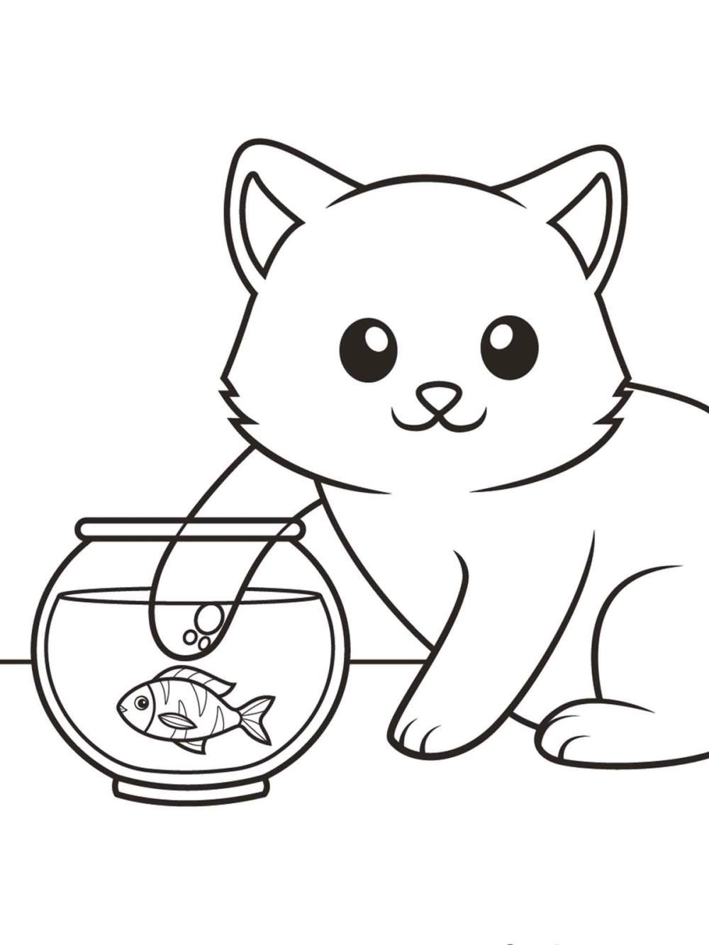 kleurplaat poes vangt vis