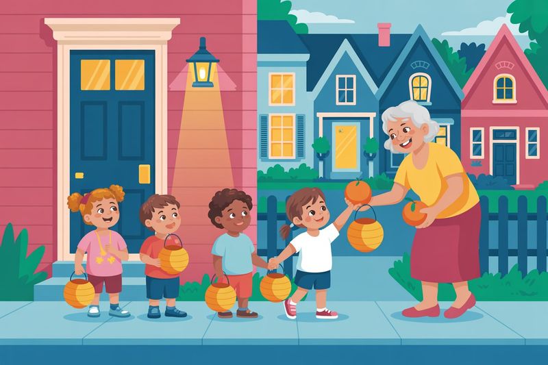 Kinderen met lampionnen bij een voordeur, begroet door een glimlachende buurvrouw