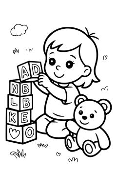 Kleurplaat van een spelend meisje met een toren van alfabetblokken en een knuffelbeer.