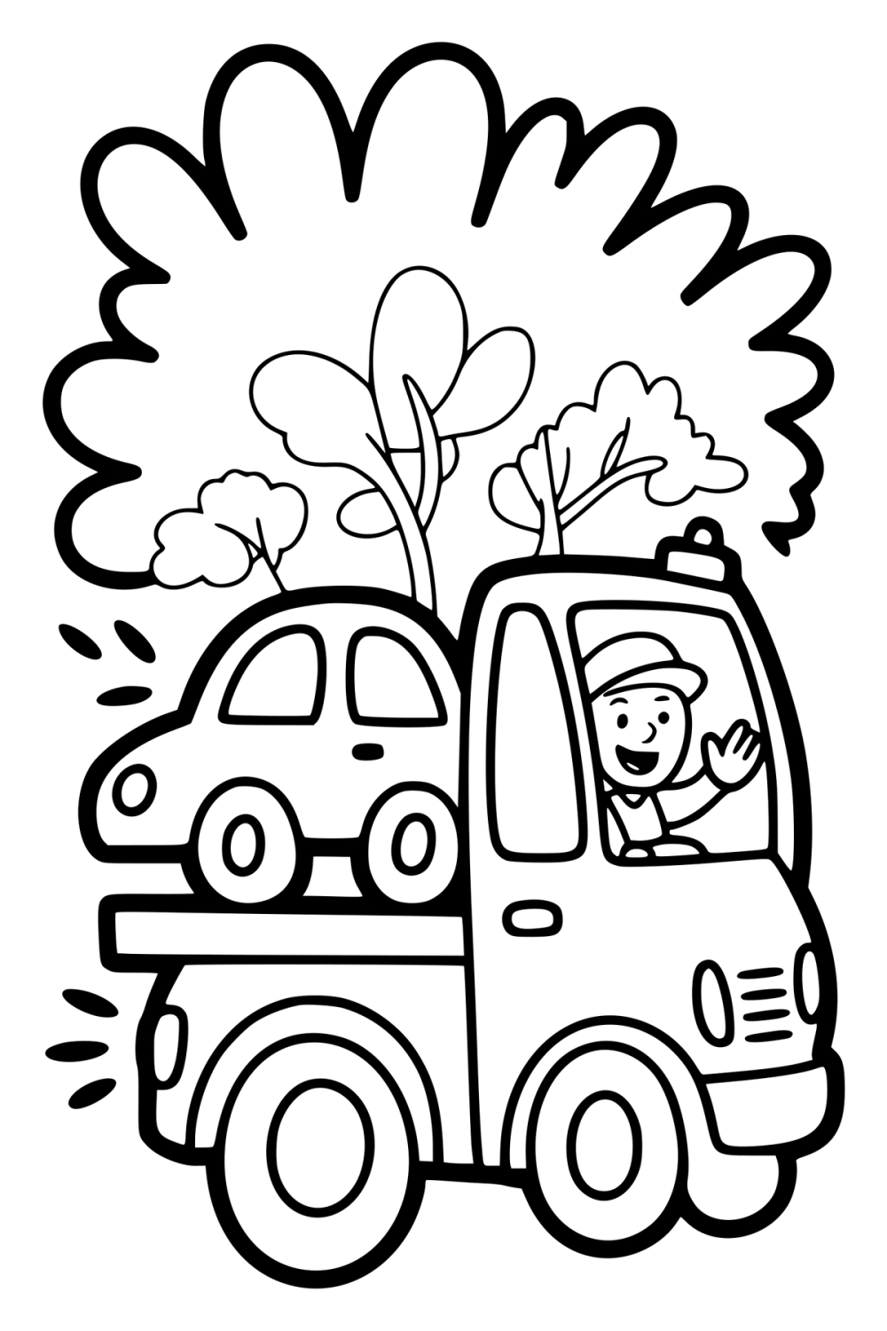 Kleurplaat van een takelwagen met een auto op de laadbak en een zwaaiende chauffeur.