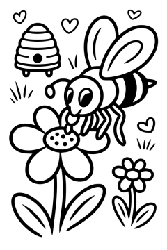Kleurplaat van een vlijtige honingbij die nectar drinkt uit een grote bloem.