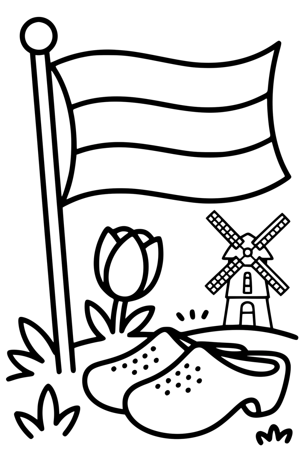 Kleurplaat van een wapperende Nederlandse vlag met klompen, een tulp en een molen.