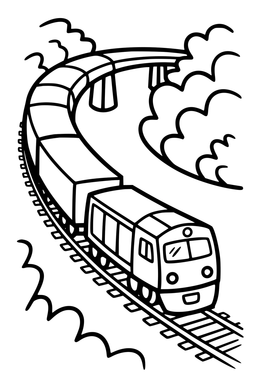 Kleurplaat van een goederentrein die in een lange bocht vanaf een brug rijdt.