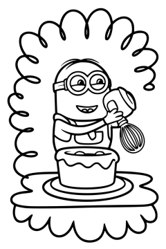 Kleurplaat van een lachende Minion die een handmixer vasthoudt achter een grote taart.