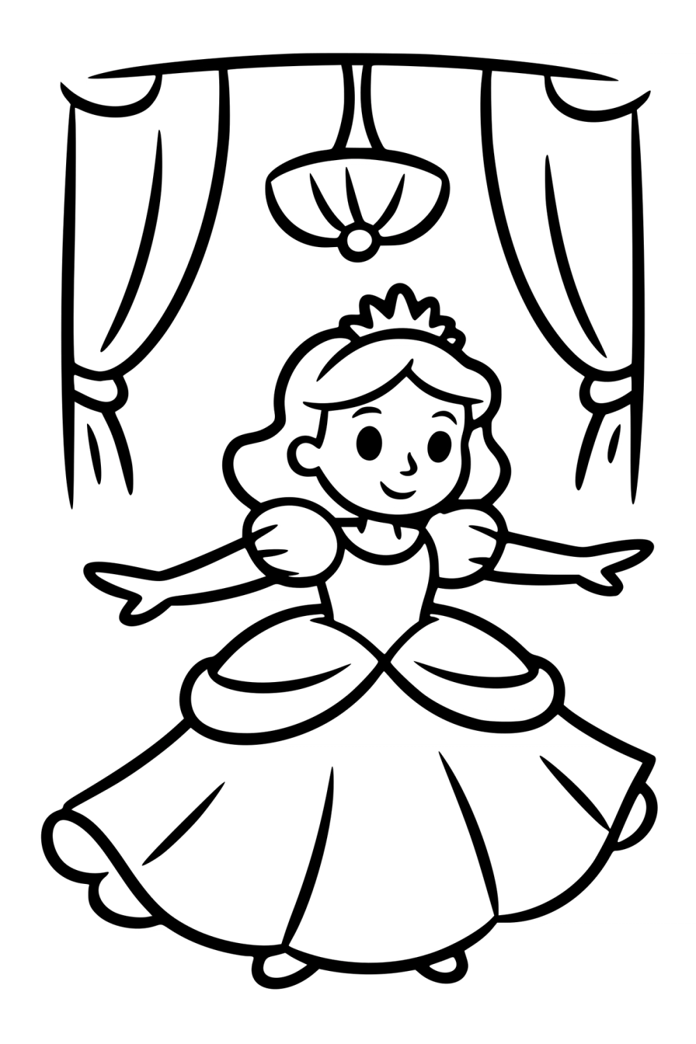 Kleurplaat van een lachende prinses die in een wijde jurk danst onder een kroonluchter.