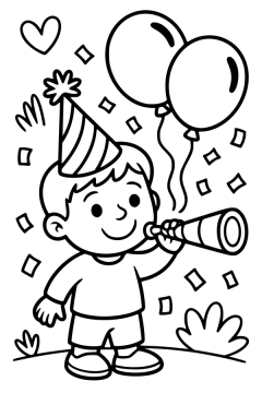 Kleurplaat van een glimlachend kind met feestmuts en toeter op een verjaardag.
