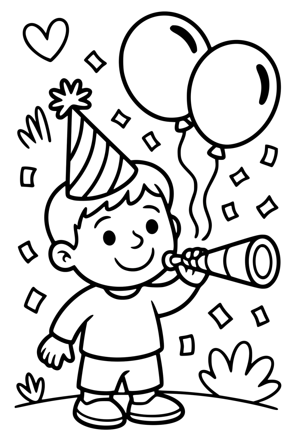 Kleurplaat van een glimlachend kind met feestmuts en toeter op een verjaardag.