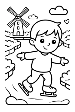 Kleurplaat van een schaatsende jongen met gespreide armen voor een besneeuwde molen.