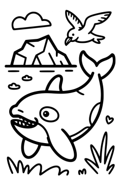 Kleurplaat van een zwemmende orka met een ijsschots en een meeuw op de achtergrond.