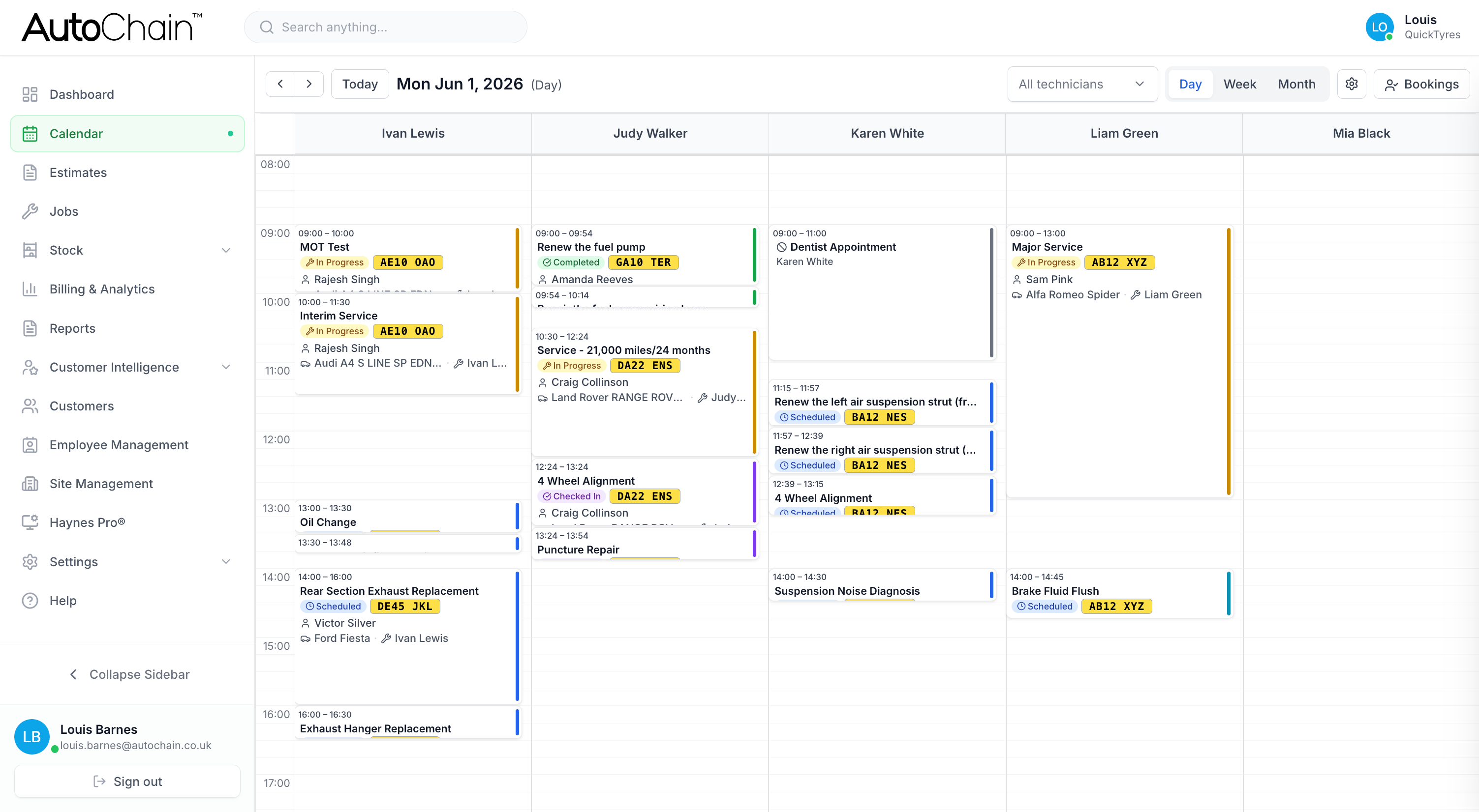 AutoChain garage management calendar and job scheduling view