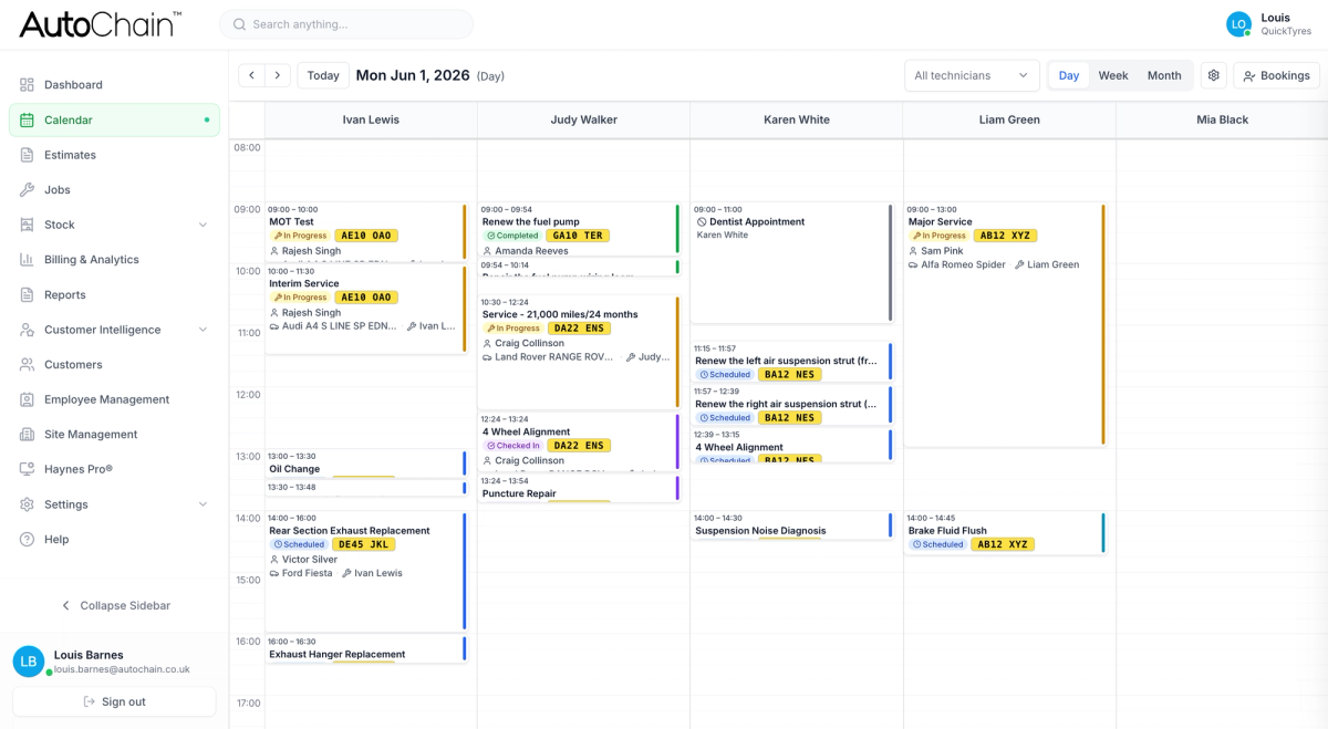 AutoChain garage management calendar and job scheduling view