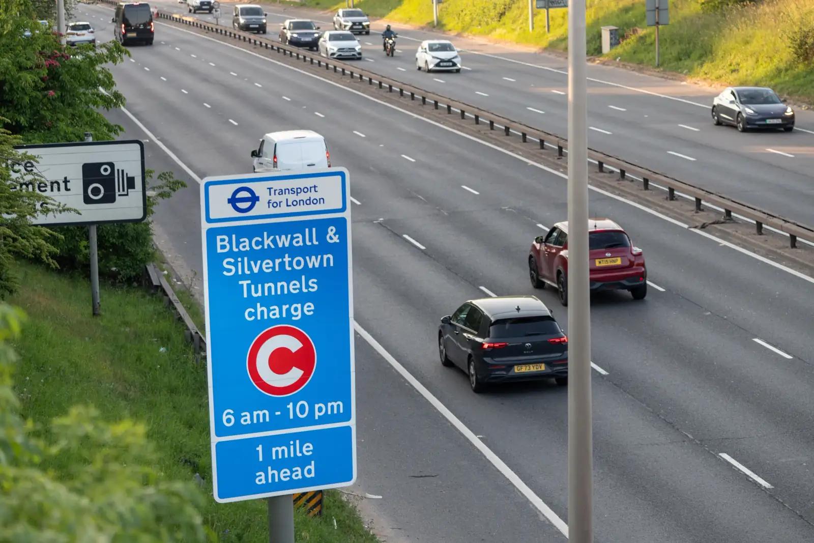 Silvertown and Blackwall tunnels with AutoChain branding showing modern tunnel infrastructure and charging system