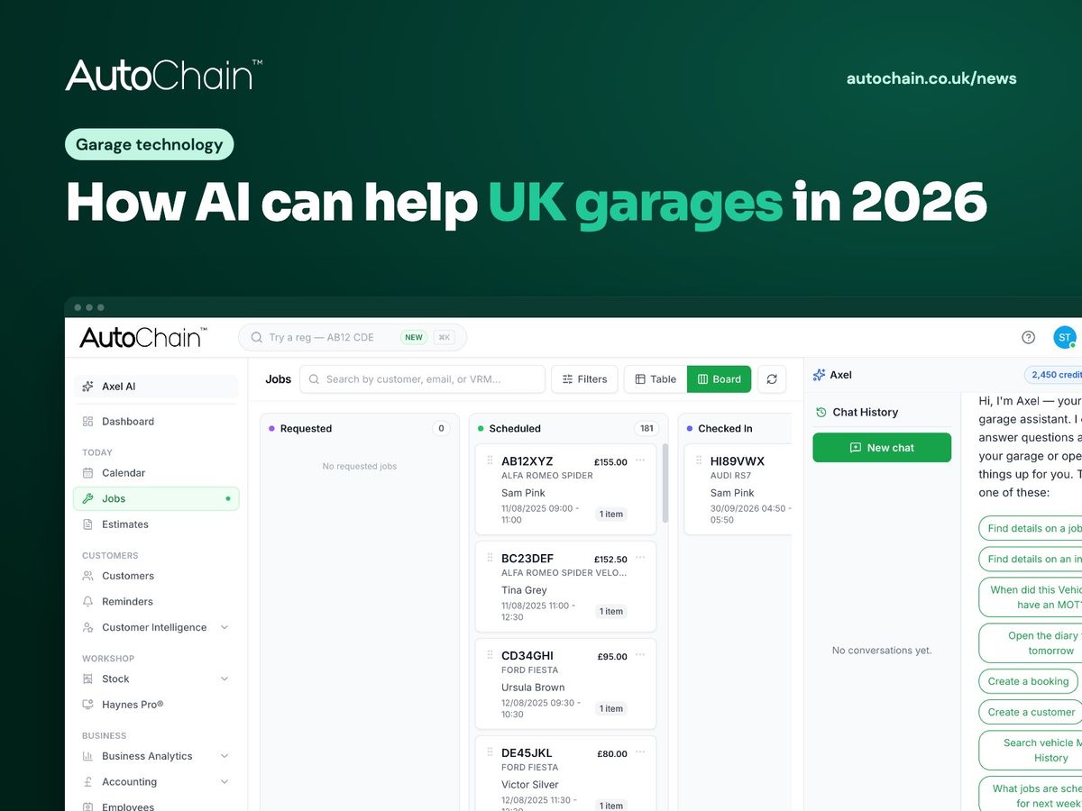 How AI can help UK garages in 2026, with Axel, the AutoChain AI assistant, open beside the jobs board