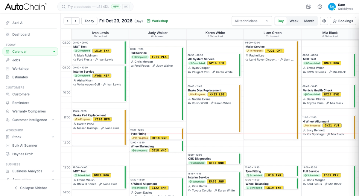 AutoChain garage management calendar and job scheduling view