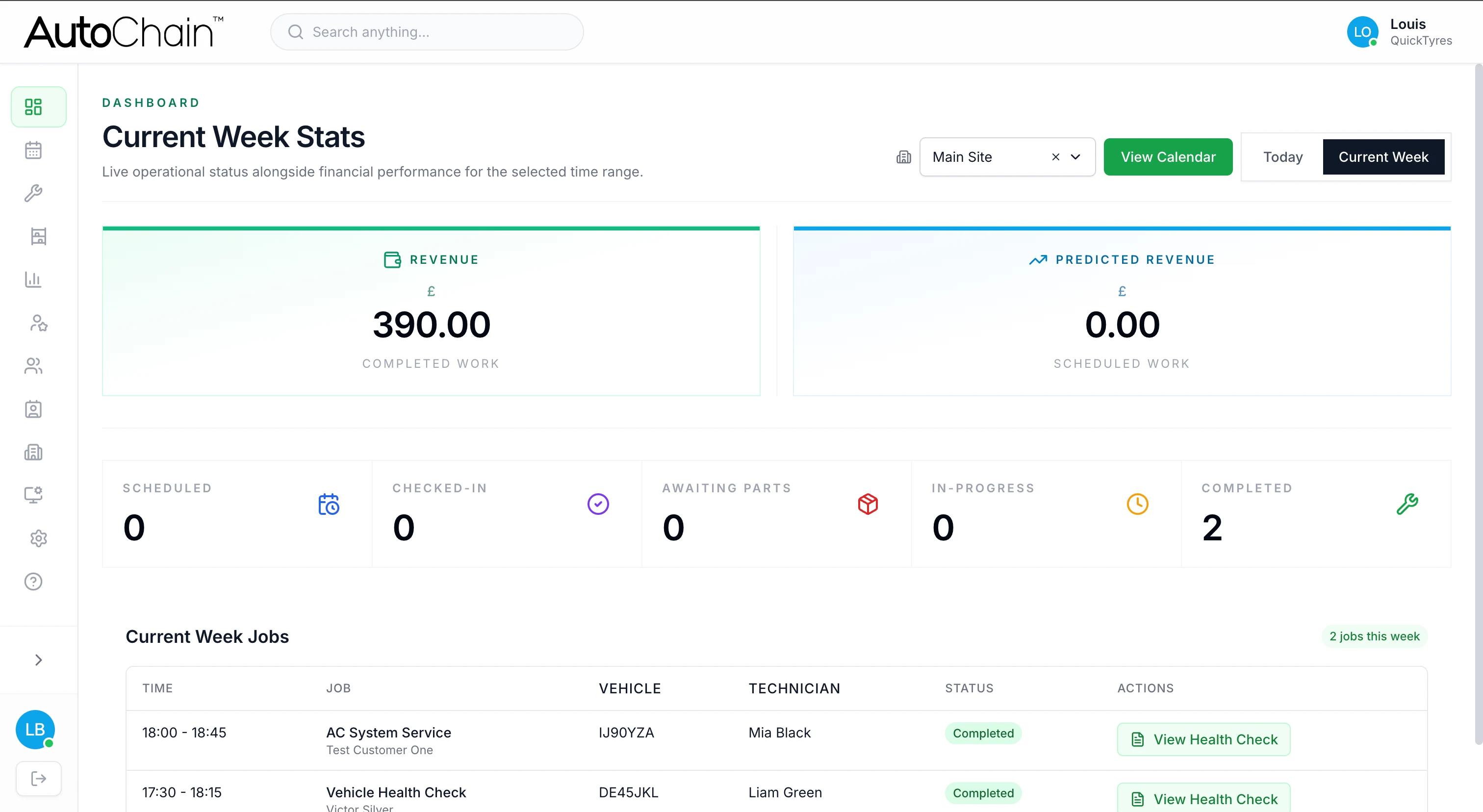 AutoChain garage management software dashboard showing weekly workshop revenue, job status, and current week jobs