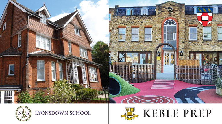 A split screen image of a building from Lyonsdown school on the left and a building from Keble Prep on the right 