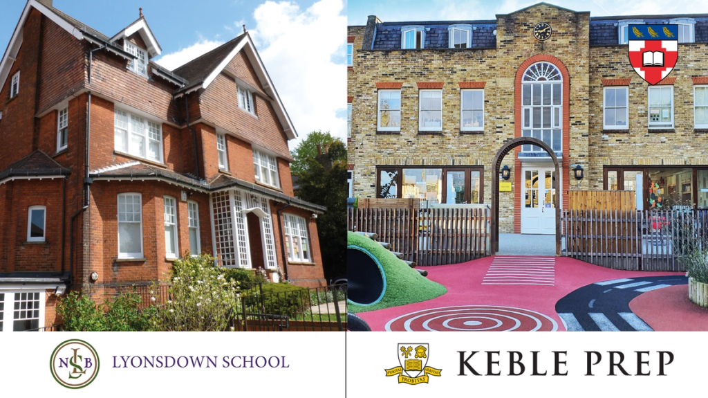 A split screen image of a building from Lyonsdown school on the left and a building from Keble Prep on the right