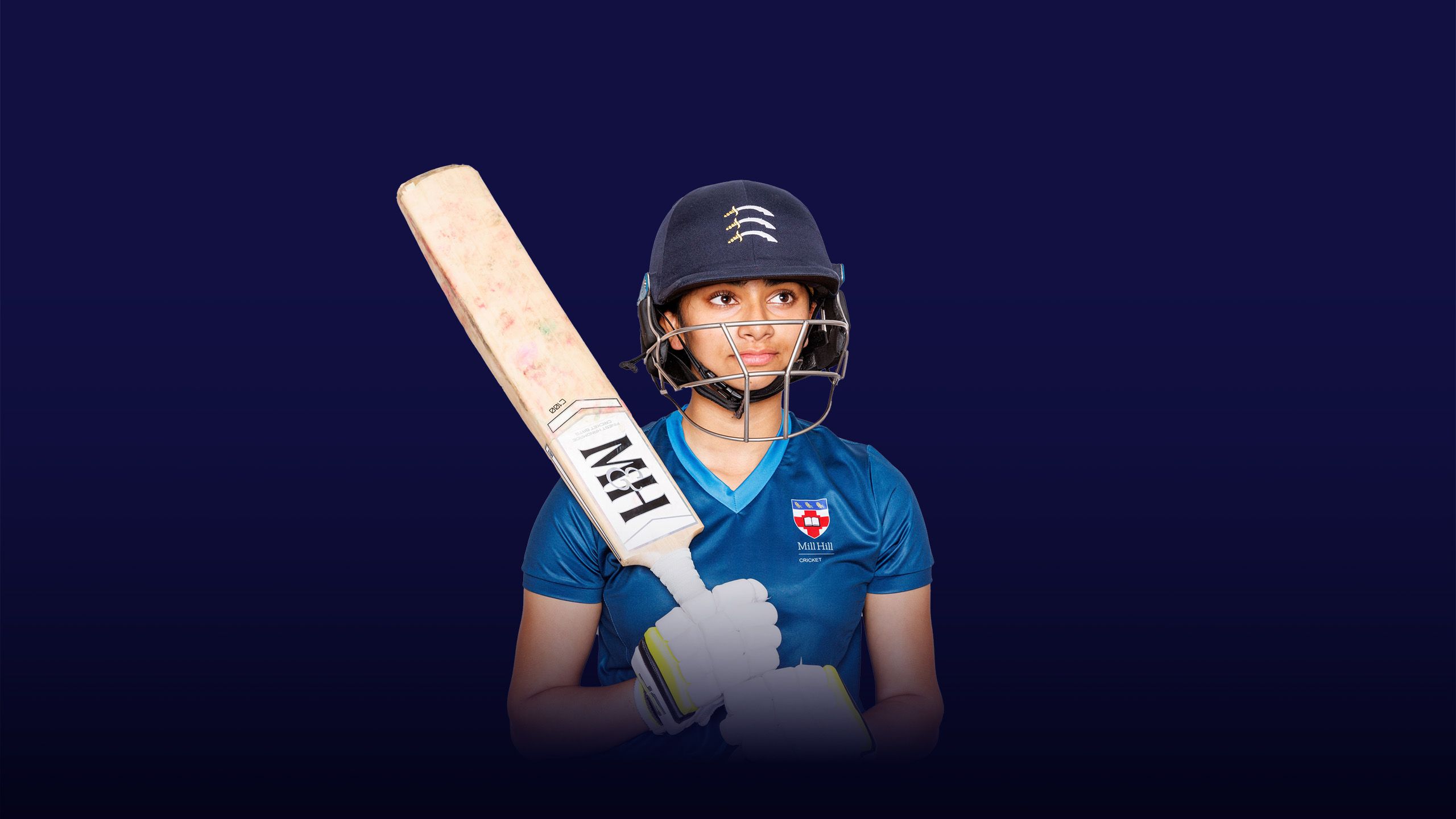 A girl against a dark background holding a cricket bat and wearing a cricket helmet with an overlay of the text "instilling values" 