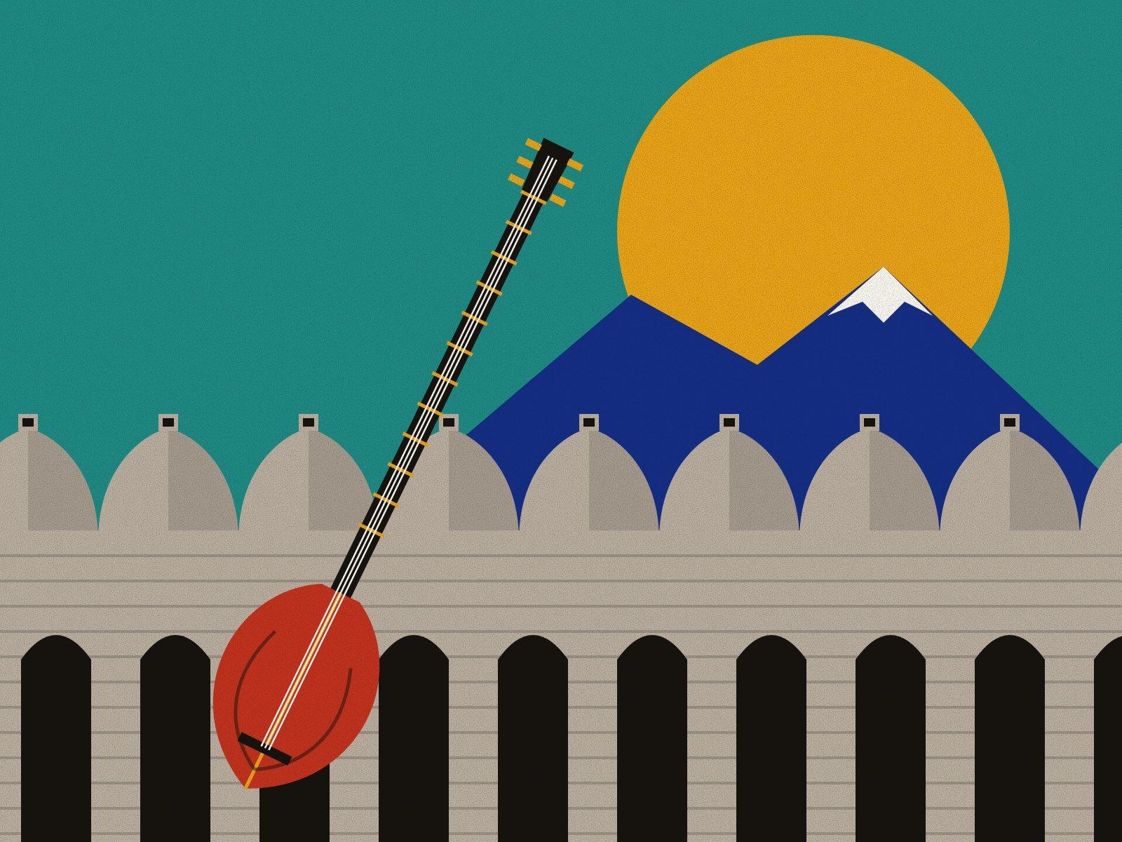 A long-necked saz with a red bowl and saffron frets, the instrument of the ashiq minstrels, before the rows of brick domes and arches of the Tabriz bazaar, with Mount Sahand and a saffron sun on turquoise behind.