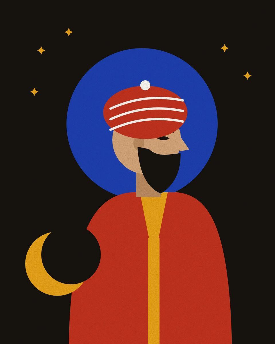Stylised portrait of Anvari with a short dark beard and a red turban, against a lapis halo on black, with a crescent moon and stars.
