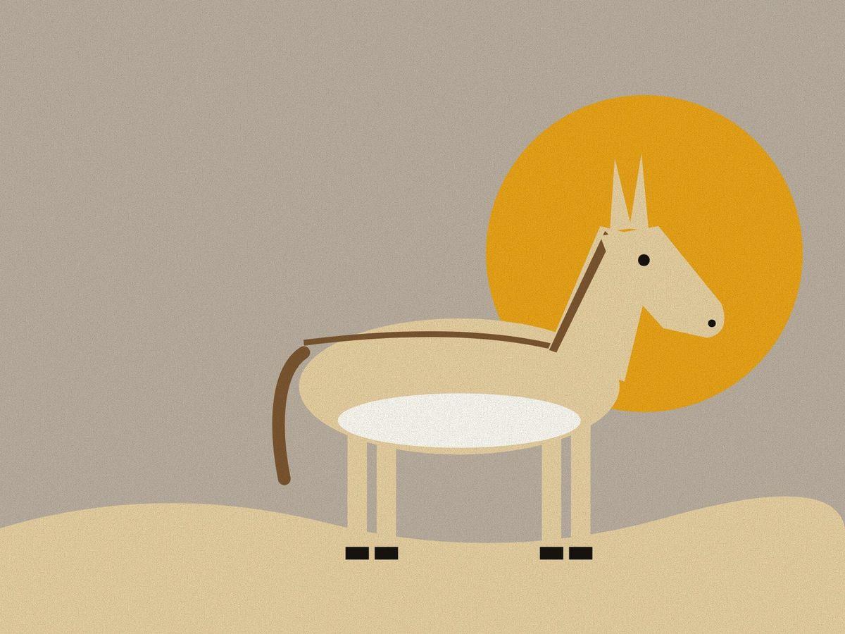 A geometric Persian onager, the wild ass called gur, in profile, sandy with a white belly, a dark stripe along the back and long ears, against a saffron halo on clay.