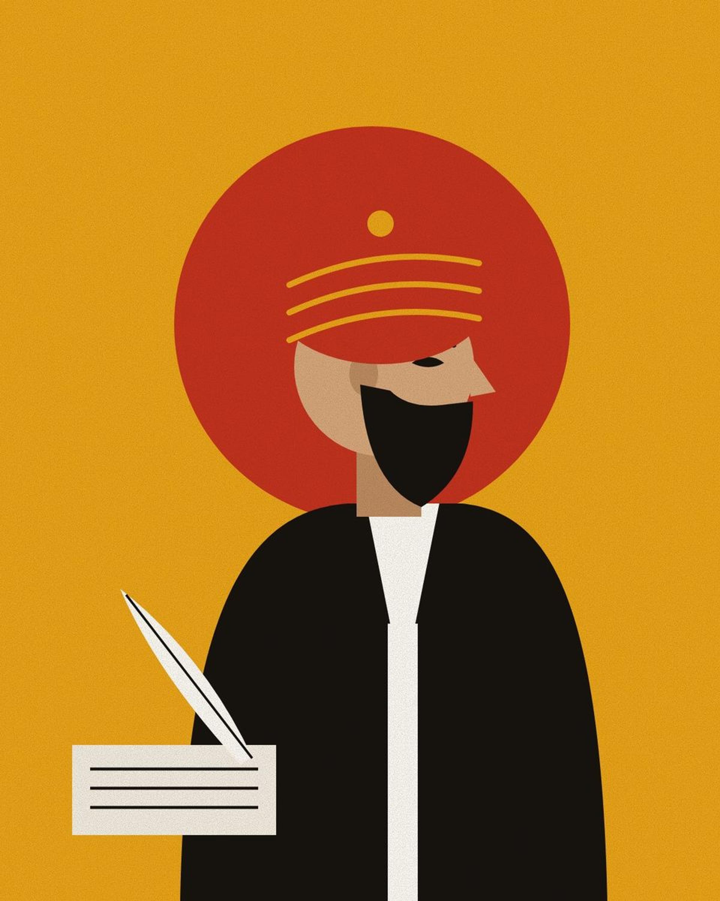 Stylised portrait of Obeyd Zakani with a short dark beard and a red turban, against a pomegranate halo on saffron, with a quill and a written page.