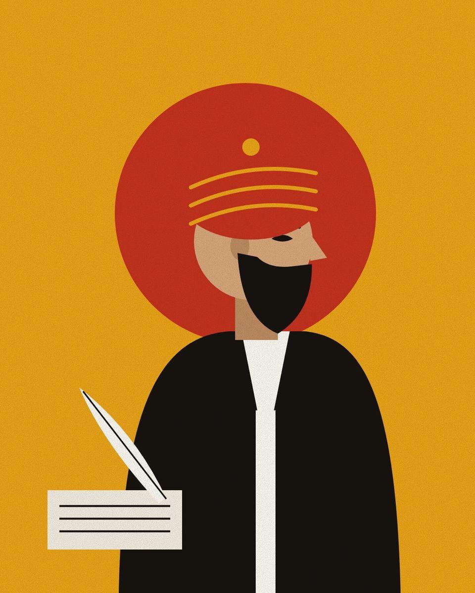 Stylised portrait of Obeyd Zakani with a short dark beard and a red turban, against a pomegranate halo on saffron, with a quill and a written page.