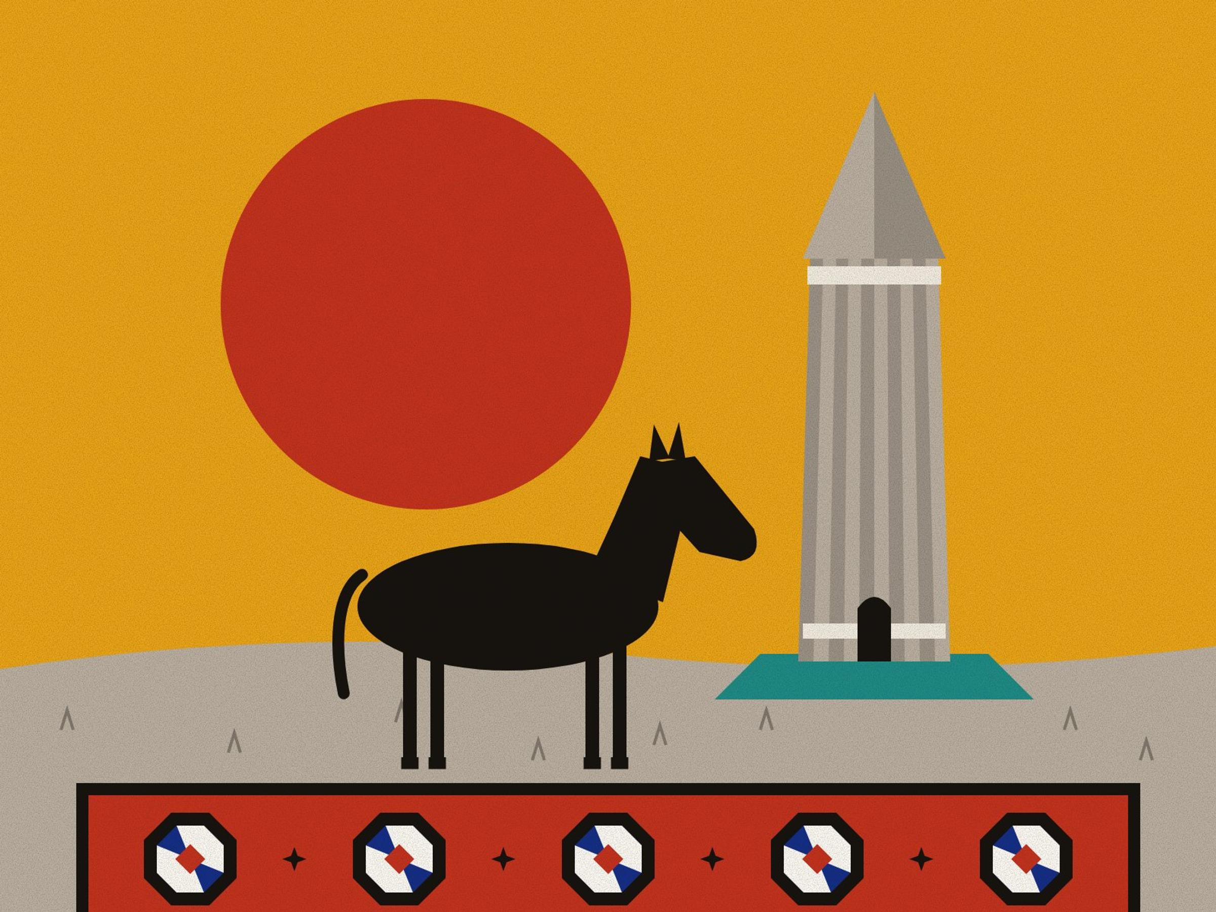 The tall fluted brick tower of Gonbad-e Qabus with its conical roof rising from the Turkmen steppe, a lean black horse, and a red Turkmen carpet of quartered guls laid in front, under a red sun on saffron.