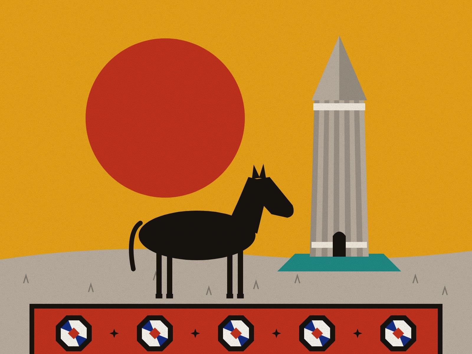 The tall fluted brick tower of Gonbad-e Qabus with its conical roof rising from the Turkmen steppe, a lean black horse, and a red Turkmen carpet of quartered guls laid in front, under a red sun on saffron.