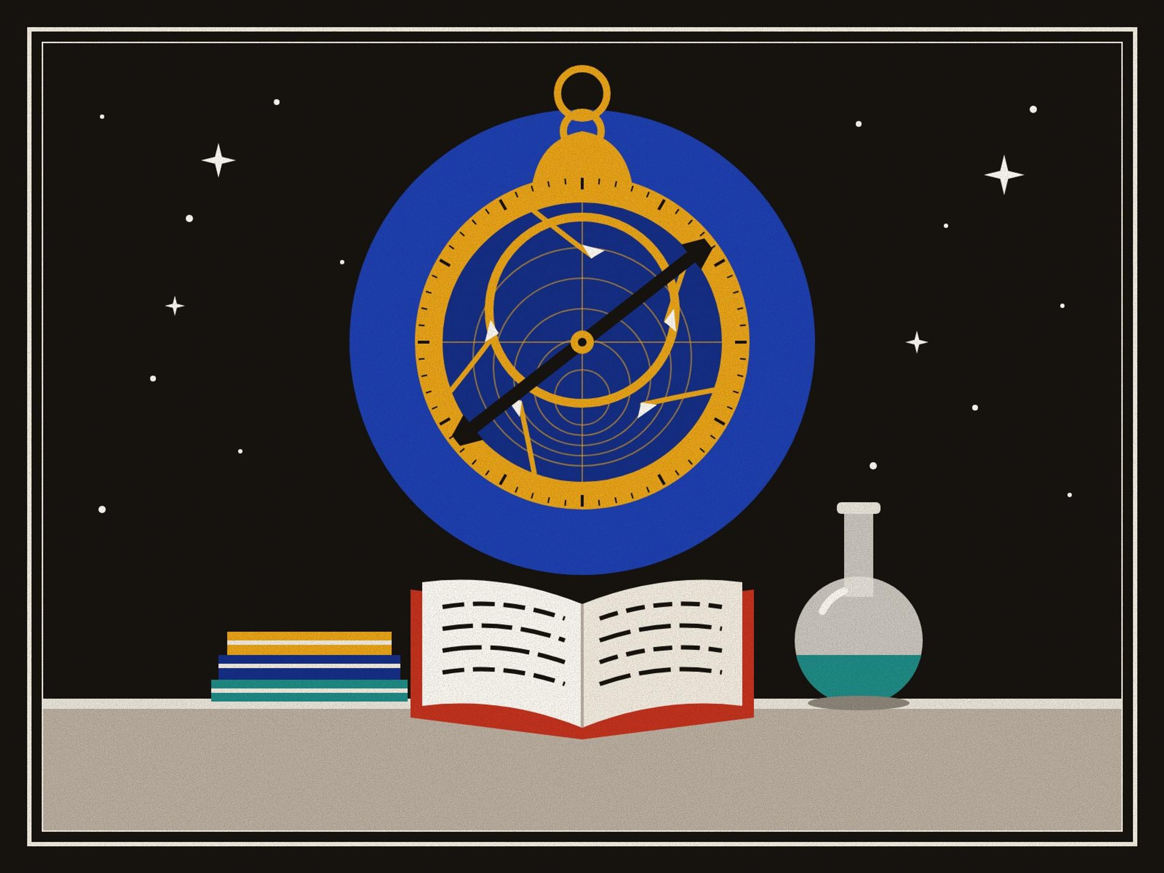 A brass astrolabe against a blue halo in a clear, starry night sky, above a table with an open book, a glass flask and a stack of books
